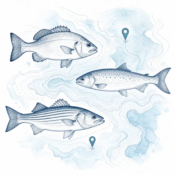 Original field-guide fish and location illustration